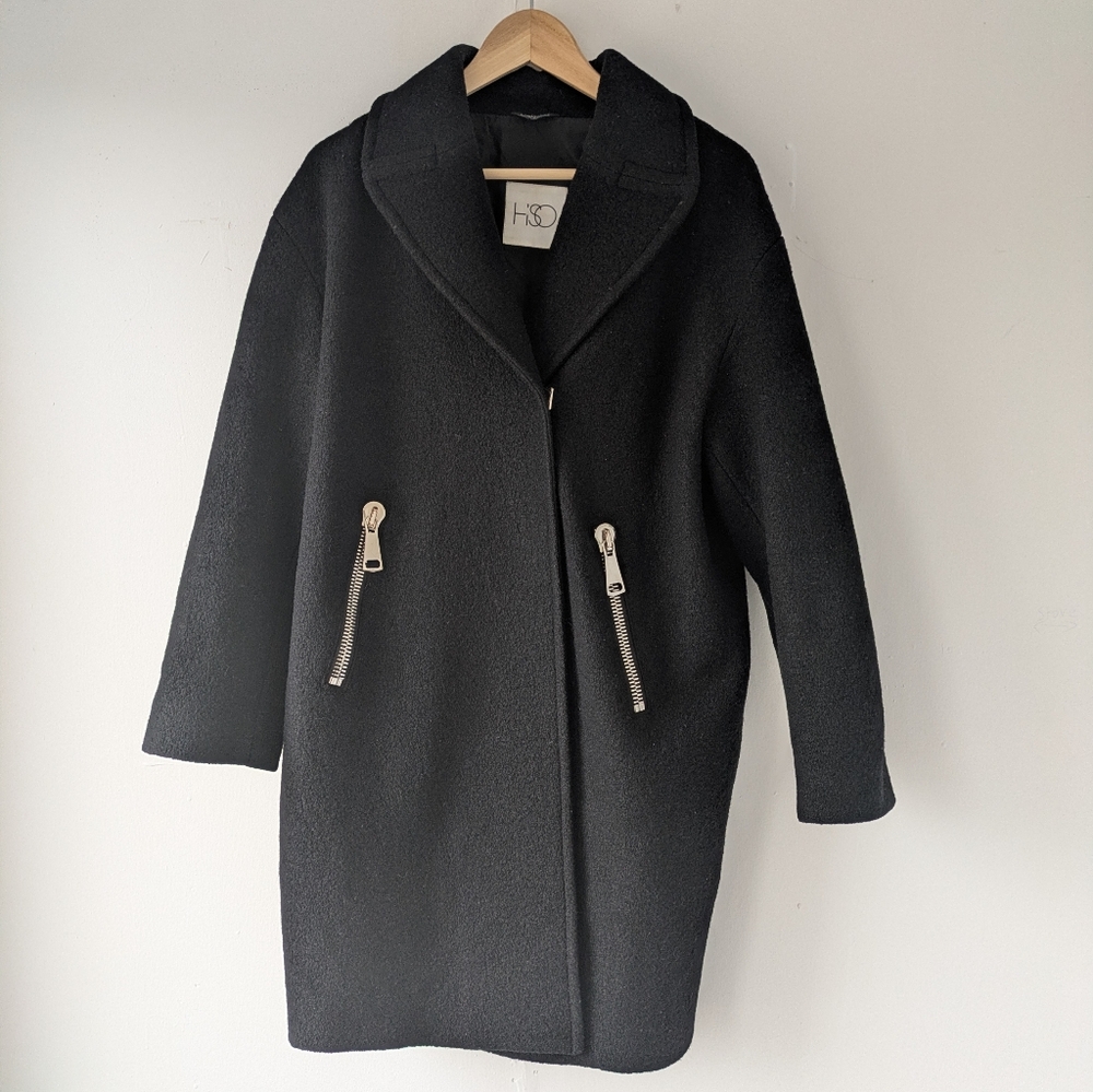 HISO 100% Wool Black Coat Front Button Closure Zipper Pockets Size Small